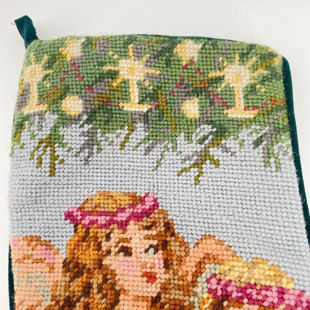 Needlepoint Christmas Stocking Angels Candles Wool Velvet Green 21 In